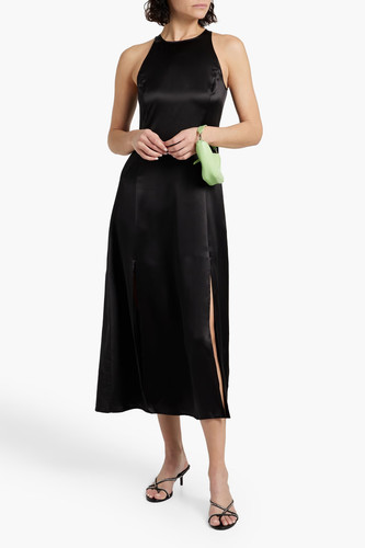 LOULOU STUDIO Black Mina Silk Satin Double Front Slit Midi Cocktail Dress M = 6