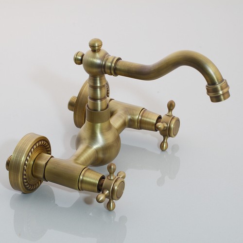 Antique Brass Bathroom Wall Mounted Faucet With Double Handle Mixer Taps - Picture 6 of 8