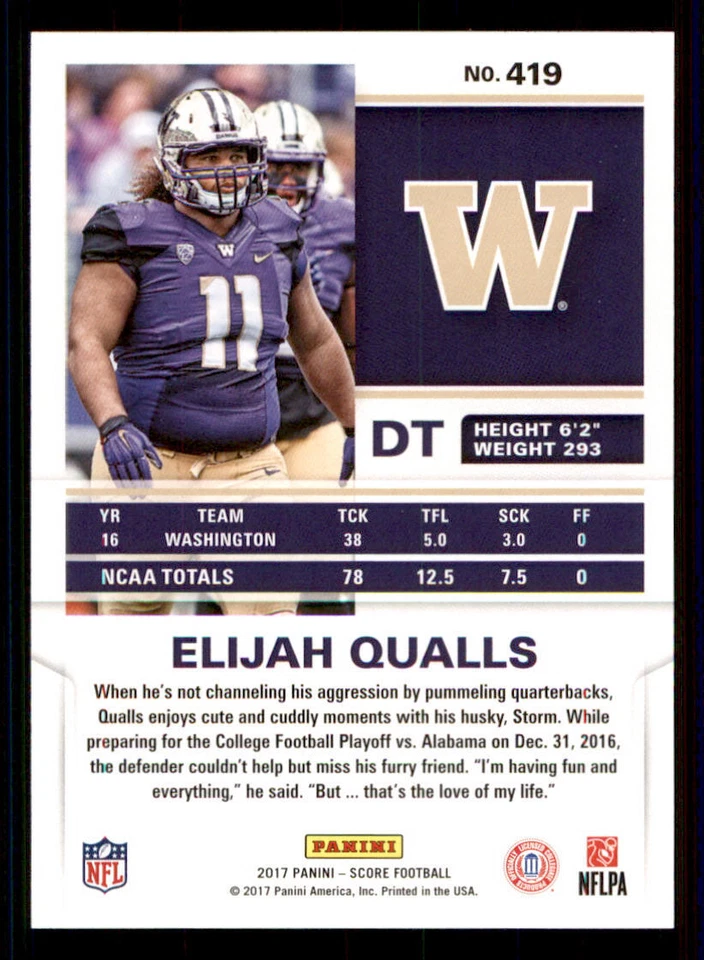 2017 Score #419 Elijah Qualls RC - Image 2 of 2