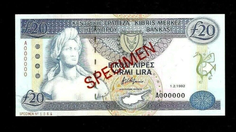 CYPRUS 20 POUNDS P-56 1992 Specimen A 000000 UNC EURO ART BOAT MONEY BANK NOTE - Image 4 of 4