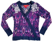 SHANGHAI TANG Sweater Wool Knit Embroidered Faux Wrap Frog Accents Women  s Sz M