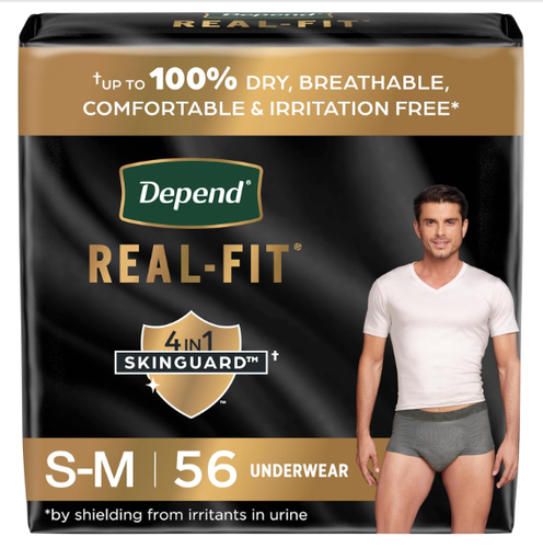 Depend Real Fit Incontinence Underwear for Men, Small/Medium, Grey, 56 Count
