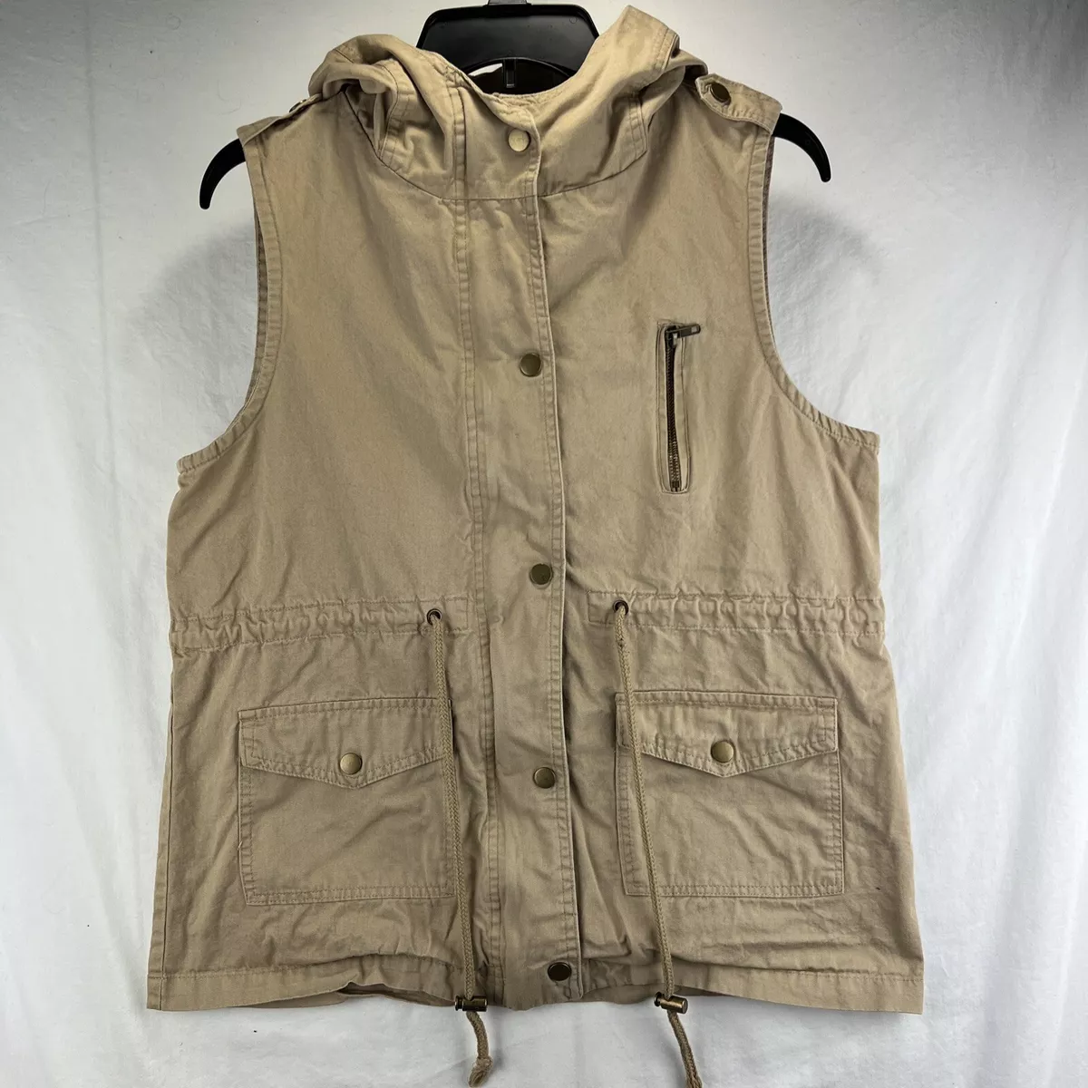 Zenana Outfitters Utility Vest Women Large Khaki Tan Hooded Cargo Pockets  Zip Up