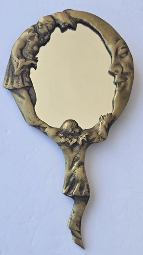 Vintage Pierrot And Moon Mirror Brass Framed Hand Held Art Nouveau