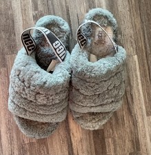 UGG Fluff Yeah Slide Grau Kunstfell Slider Hausschuhe Logo Riemen UK 4, EU 37.