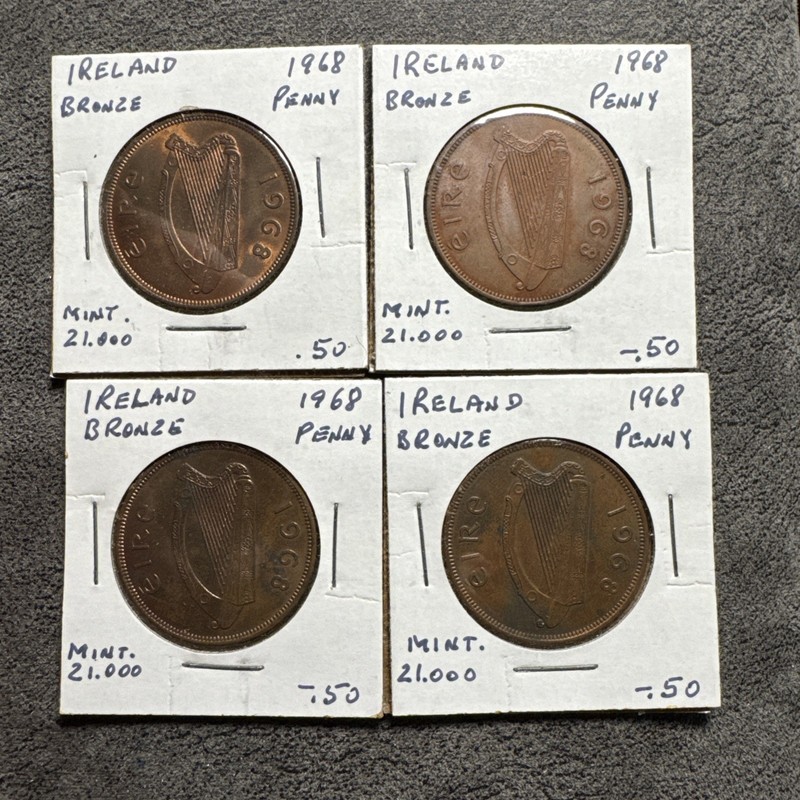 1968 Ireland 1 Penny Harp. Pingin. Bronze. Non Magnetic. 4 Coins Total.