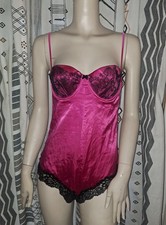 Vtg 90s Victoria's Secret Bodysuit Teddy 34C Pink Satin Black Lace Coquette