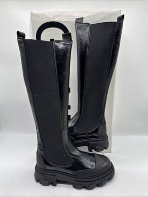 Ganni Damen Leder High Top Knie Stiefel Schwarz Leder UK 3 EU 36 Neu