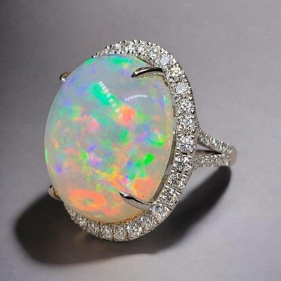 Estate Platinum Large Opal Cabochon Diamond Halo Cocktail Ring 24.38ctw