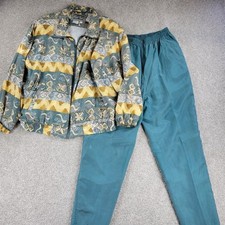 VINTAGE Otello Pelle Silk Track Suit M Green Yellow Print Shoulder Pads 80s