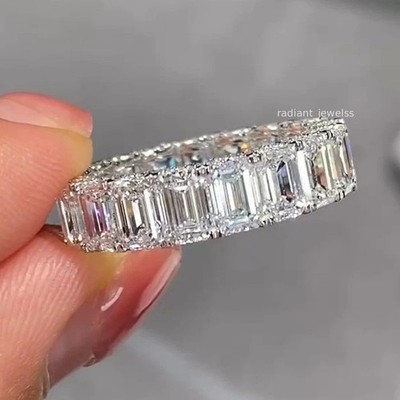 7.50 Ctw 925 Silver Emerald Cut Moissanite Eternity Hidden Halo Wedding Band