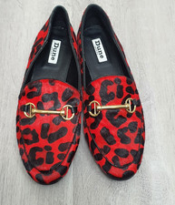 Dune Leather Loafers UK 4 EU 37 Red Leopard Print Gold Bit Flats Excellent 