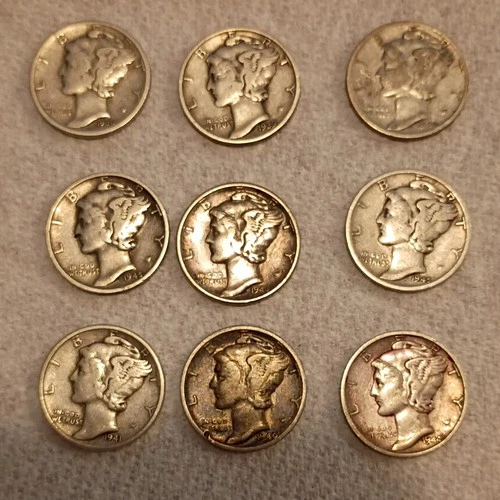New ListingMercury Dimes Lot of 9 Silver 10C Circulated 1936-1948 Winged Liberty Head