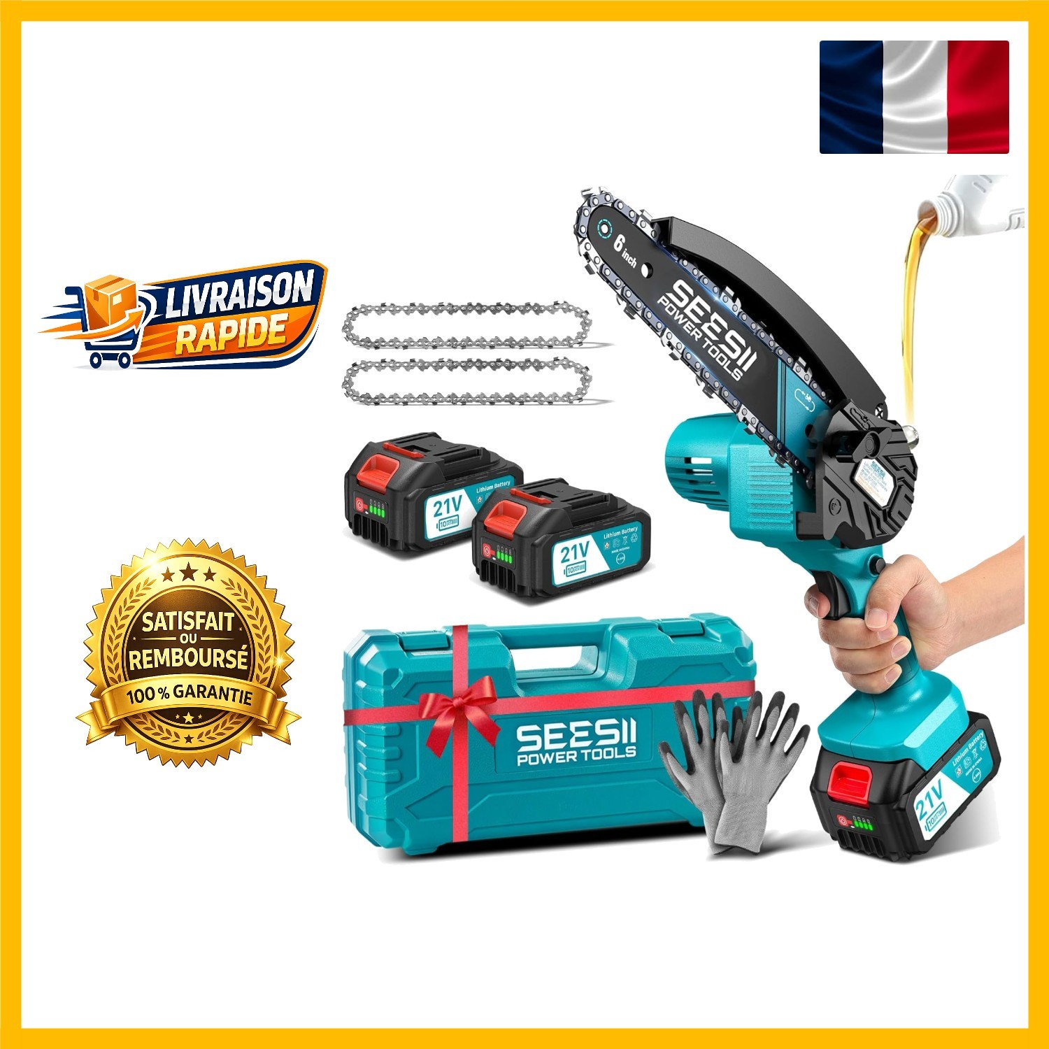Tronçonneuse électrique SEESII 6'' mini scie à chaîne portative de jardin