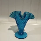 VTG Fenton Blue Ruffled Hobnail Glass Pedestal Vase Vintage 4" Pristine FreeShip