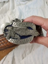 Vintage Eagle Biker Be1t Buckle "Live To Ride Ride To Live" 1981 Bergamot W Belt