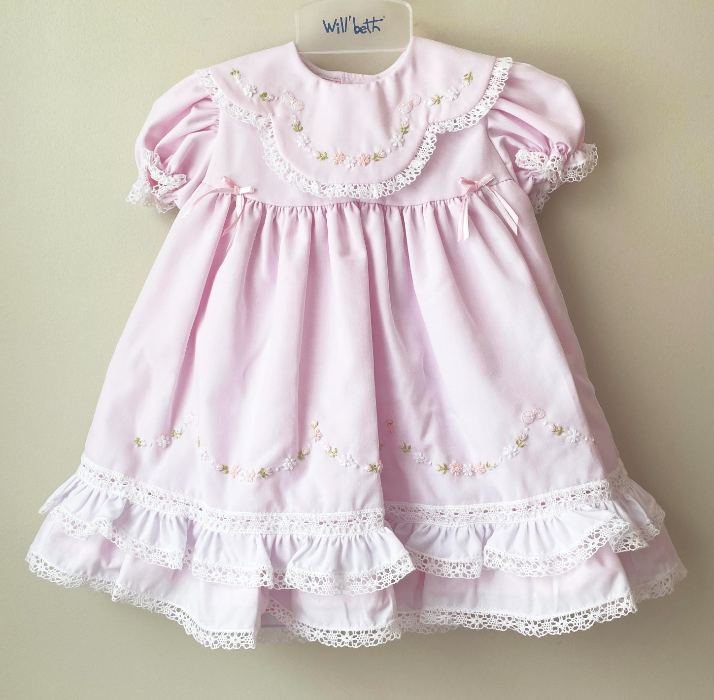 NWT Will'beth Pink Heirloom 9M Lace 2pc Dress 9 Months Bloomers Girls Frilly