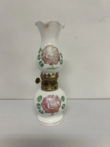 Vintage Mini Oil Lamp Milk Glass Hurricane Floral Hand Painted