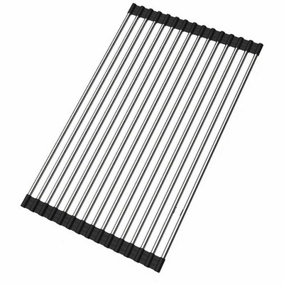Over the Sink Roll-Up Dish Drying Rack - Multipurpose Pan & Bottle Drainer Black
