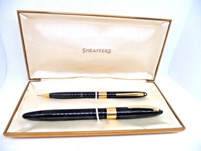 Sheaffer Vintage White Dot Black Snorkel  Set in box- silver signature STUB nib