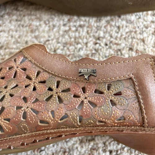 Pikolinos Women's Brown Leather Slingback Laser Cut Sandals Florwers Size 42 - Picture 7 of 10