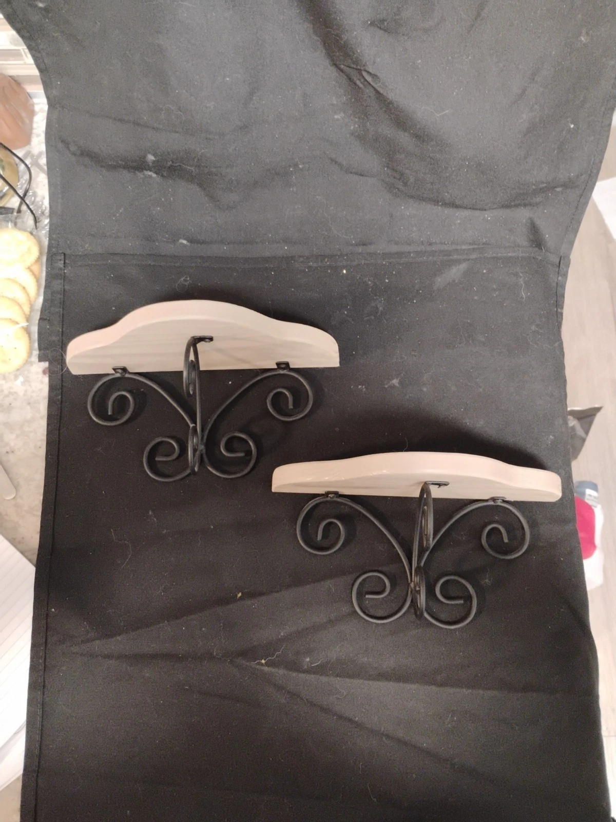 9" Long Pair Of Dec. Wall-mount Shelves Or Holders/ Beige Wood Tops W Black Iron