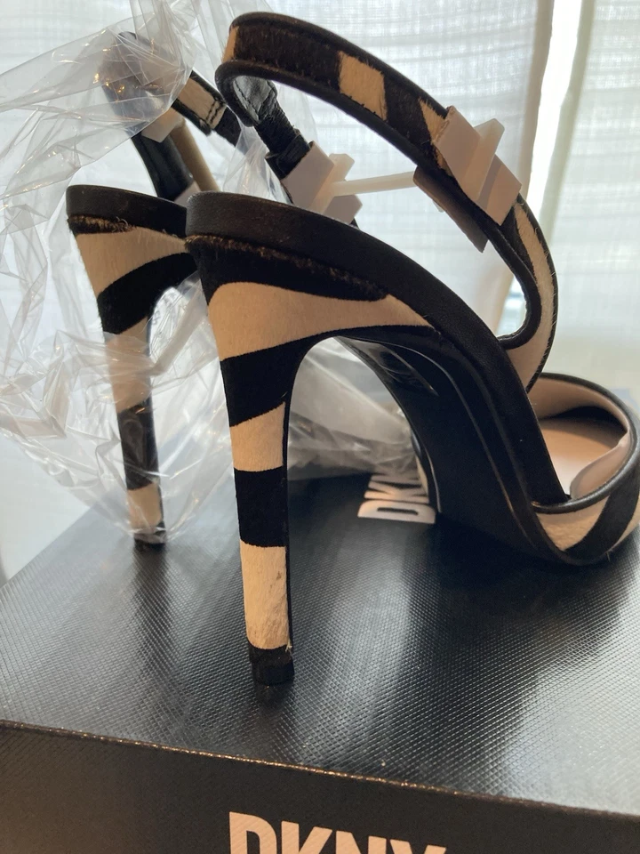 DKNY Macia Slingback Heels Size 6.5 Zebra Cow Fur Print New in Box Rare Real Fur - Image 3 of 4