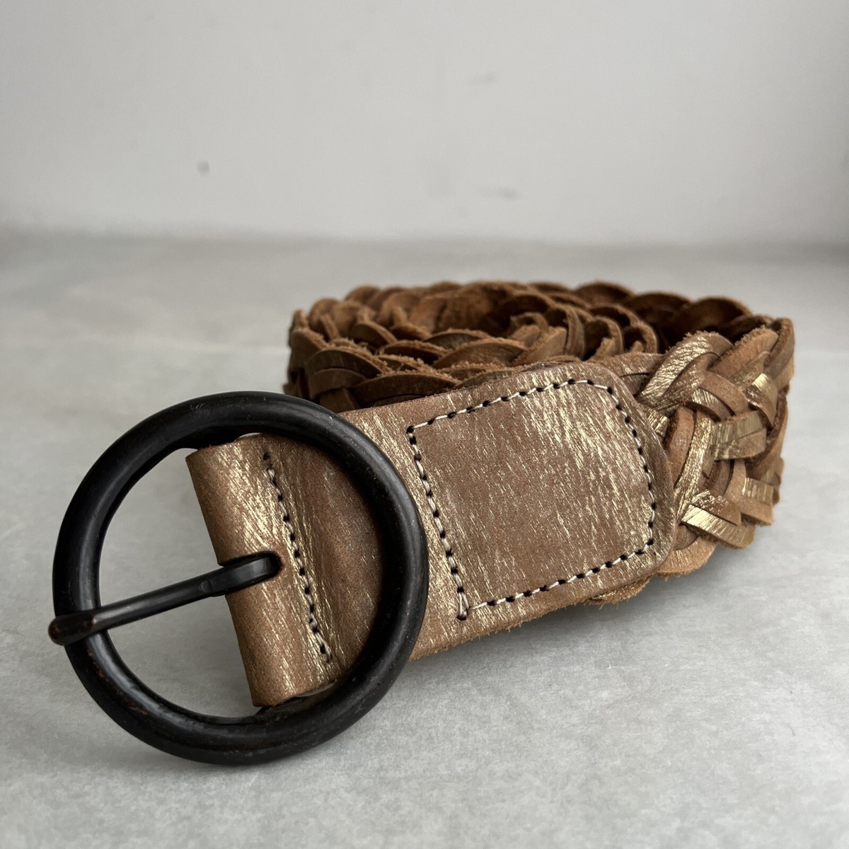Nine West Belt Woven Leather Brown + Gold Vintage 44 Inches  display picture 1
