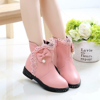 Botas Para Ninas De Cuero Princesa Zapatos Encaje Arco Rosa Negra Rojas Ebay