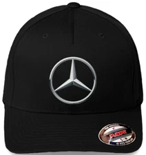 Mercedes - Benz Logo on Black Hat Flexfit Baseball Cap Printed Emblem S/M & L/XL