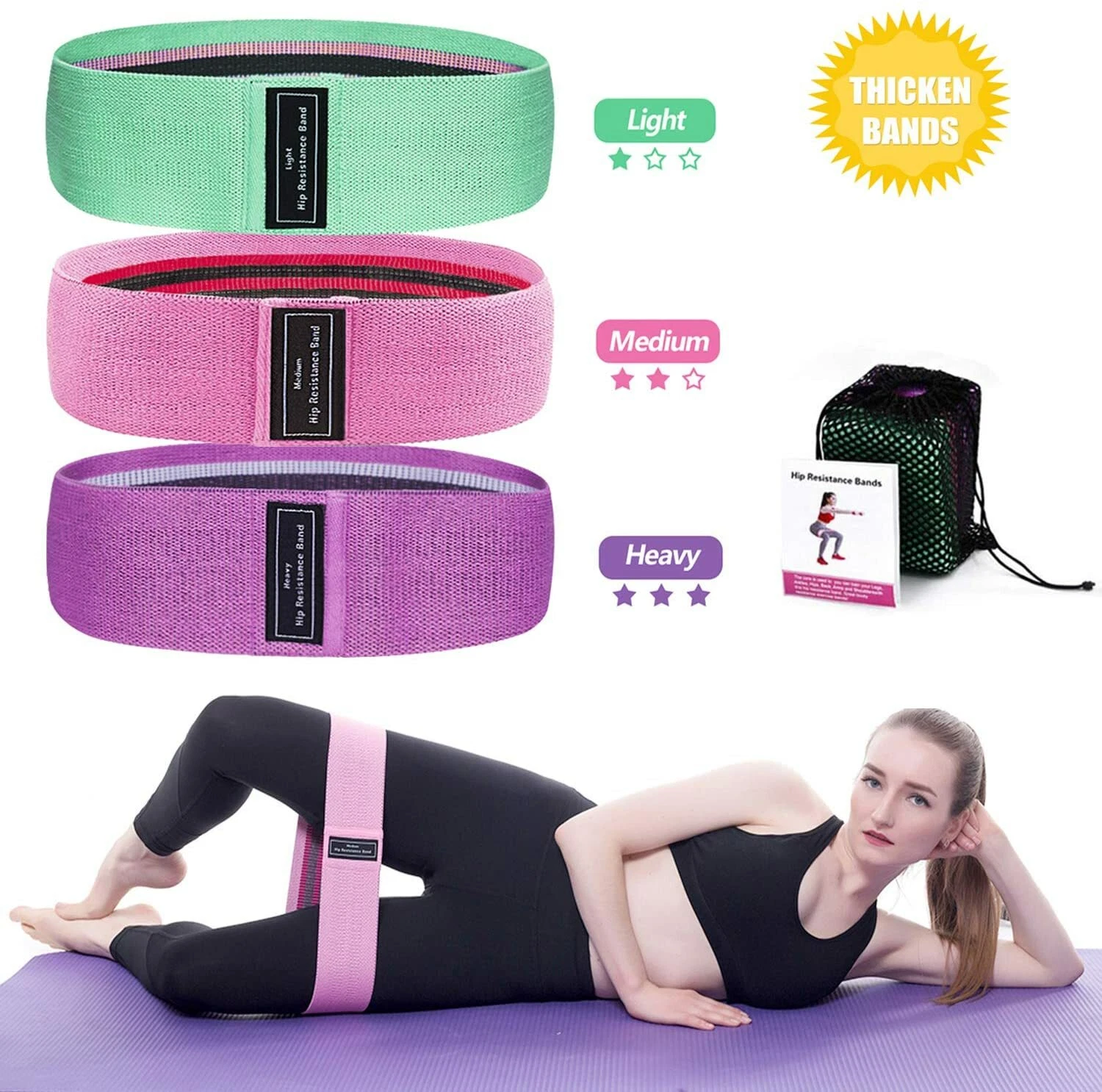 Set of 3 Fabric Resistance Bands Hip Booty Workout Exercise Strength Training