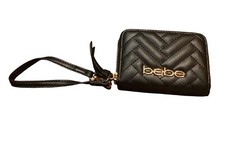 Bebe Quilted Black Faux Leather Wristlet Wallet Gold Logo Zipper Closure NWOT