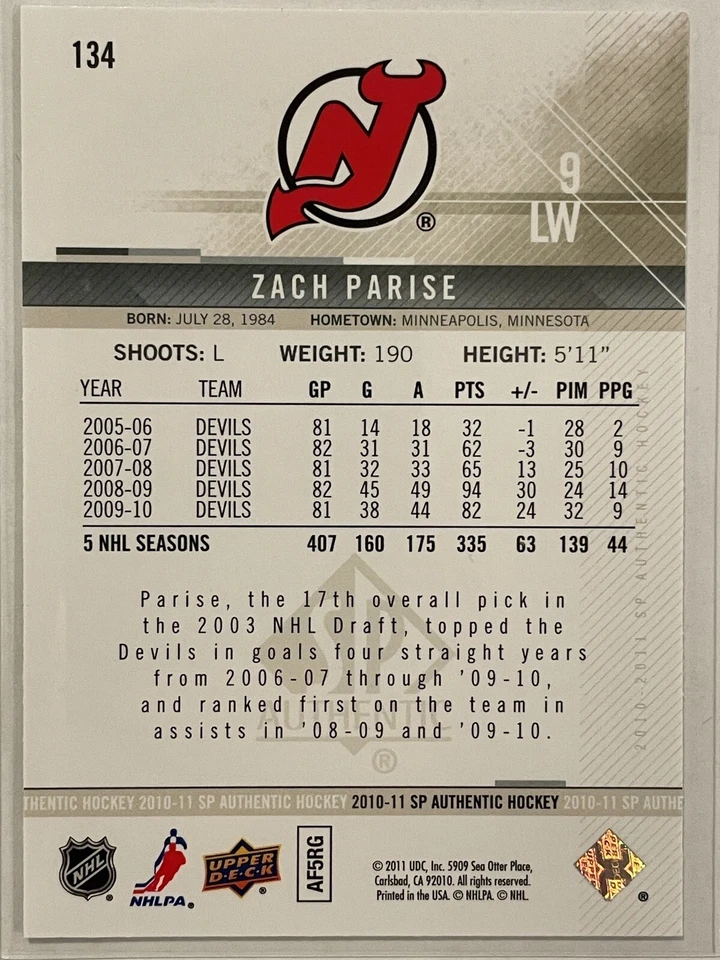 2010-11 SP Authentic Zach Parise #134 Hockey New Jersey Devils - Image 2 of 2