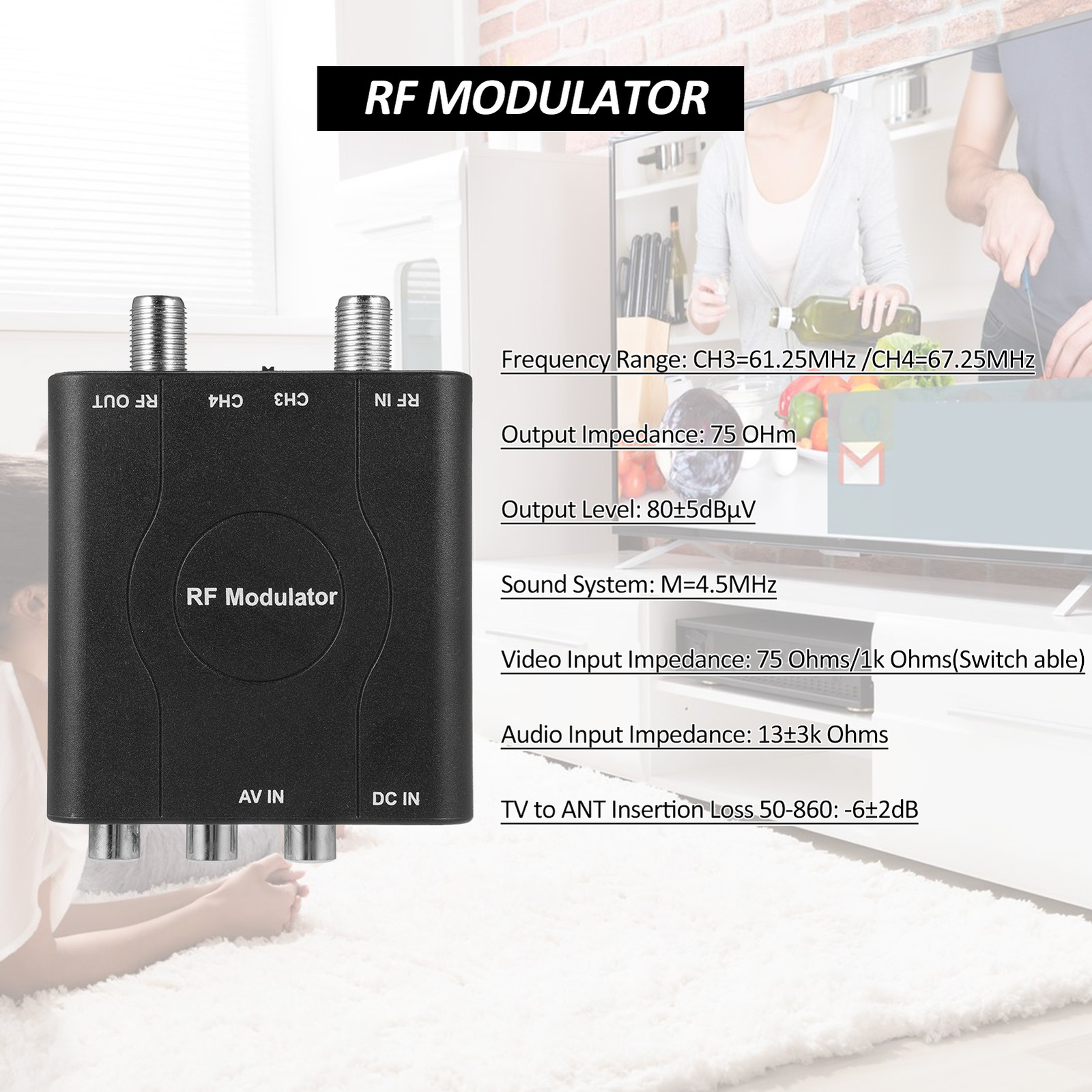RF Modulator AV to RF Converter NTSC CH3/CH4 Channels Video Input T0Z2