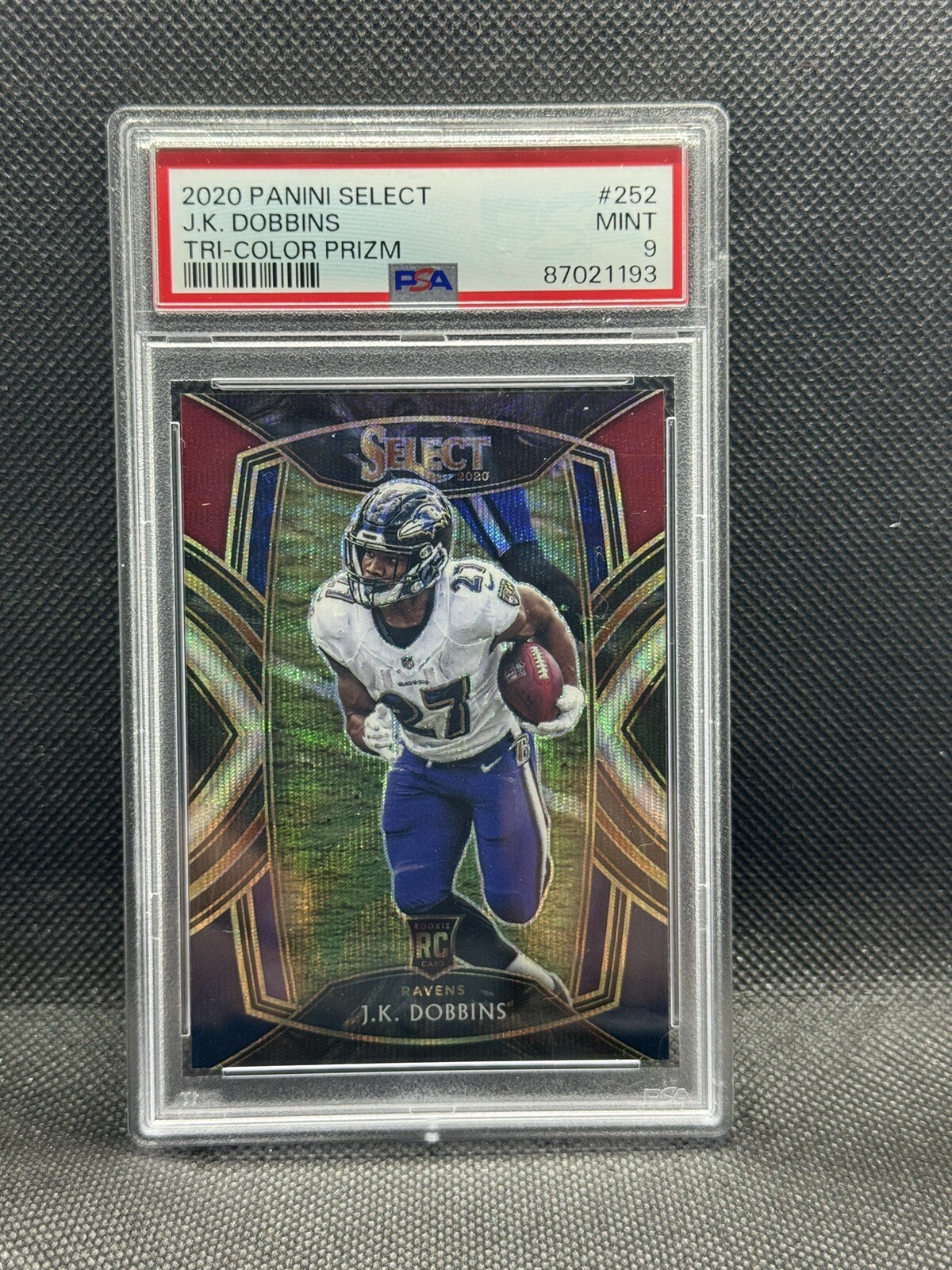 2020 Select JK Dobbins Tri Color Prizm /99 RC #252 Ravens PSA 9