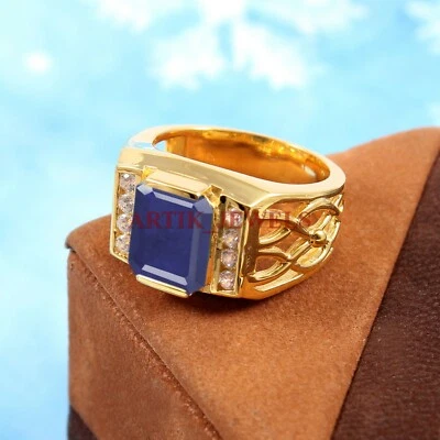 Chauffé Saphir Bleu Gemme Plaqué Or 925 Argent Sterling Homme Bague #5343 - Photo 1/4