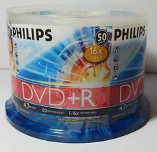 Philips 50 Discs Blank DVD+R Spindle 4.7GB Data 120min Video 16X Speed Music NEW