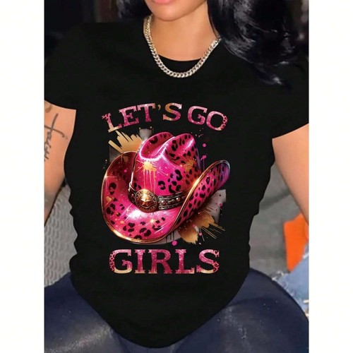 Women's Western Pink Hat Printed T-shirt, Casual Round Neck Top, Lounge Clothes - Picture 6 of 12
