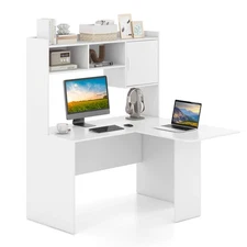 L-Shaped Desk with Open Storage Hutch Corner Computer Desk w/ Shelves & Cabinet