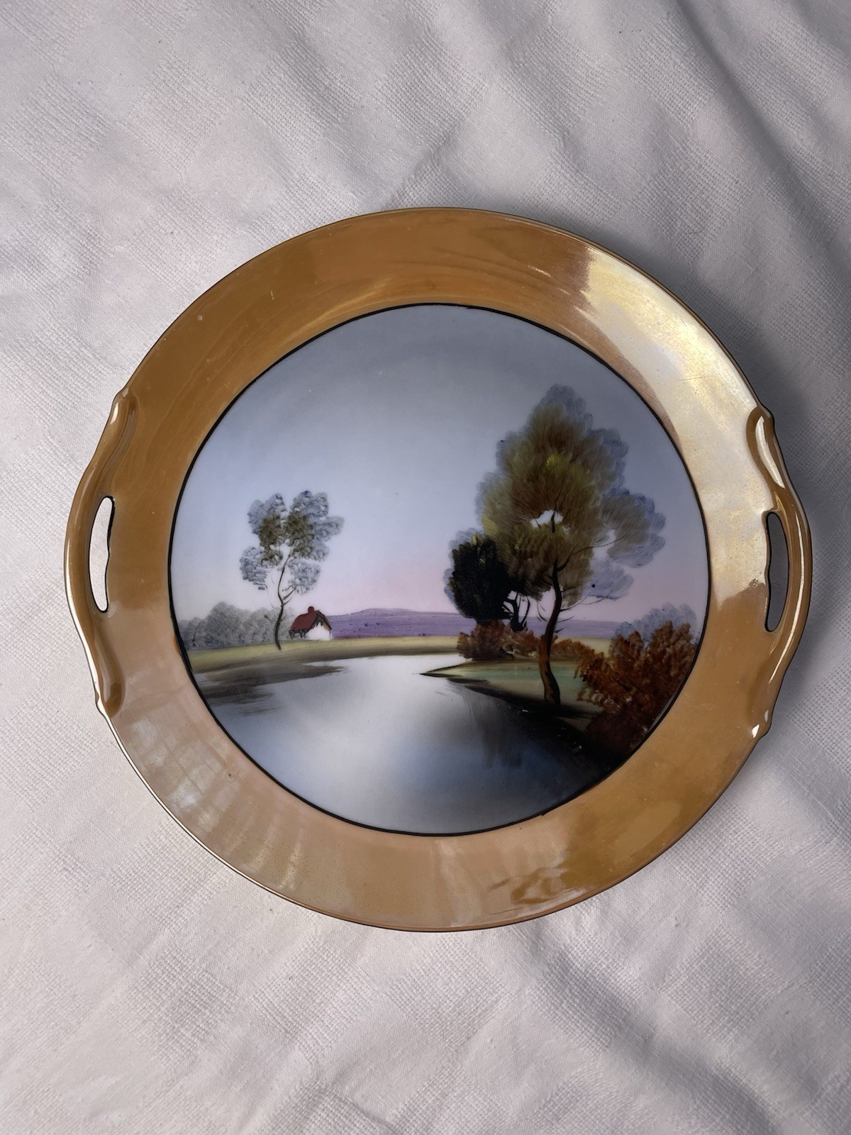 Vintage Lusterware Noritake Plate 9.5” Hand Painted Porcelain House Lake Japan