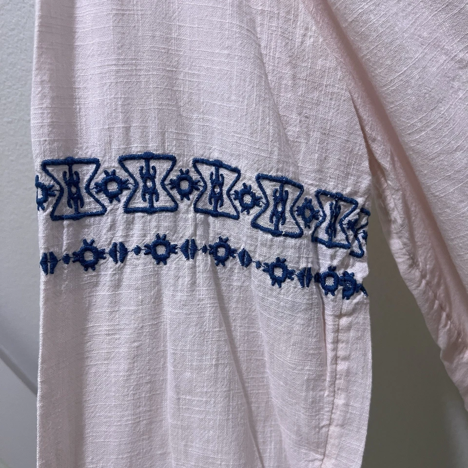 Old Navy L White Blue Embroidered Cotton Gauze Blouse Peasant Top Boho Lace Up - Image 3 of 4