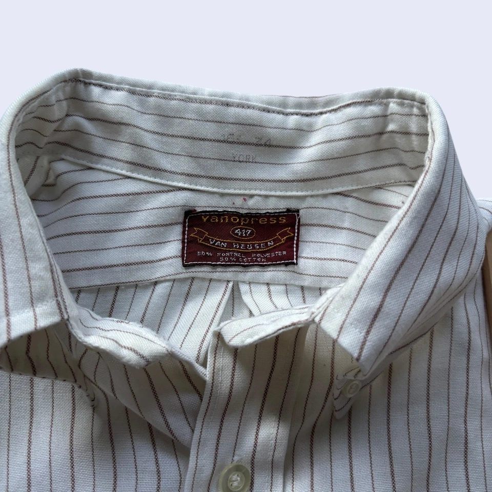 Van Heusen 417 Vanopress Striped Button-Down Shirt Ivory/Brown L/S Vintage - Image 3 of 4