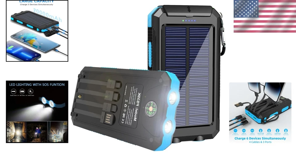 Banco de energía solar portátil 20000 mAh azul Foto 2 de 4