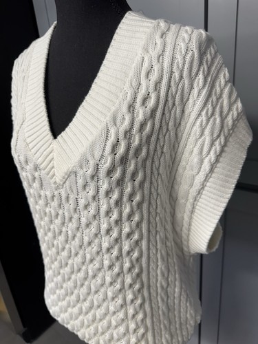 Varley Romelo Blanco Tejido con Cable Suéter Chaleco Mujer Mediano Mangas Dolme Hipster - Imagen 5 de 12