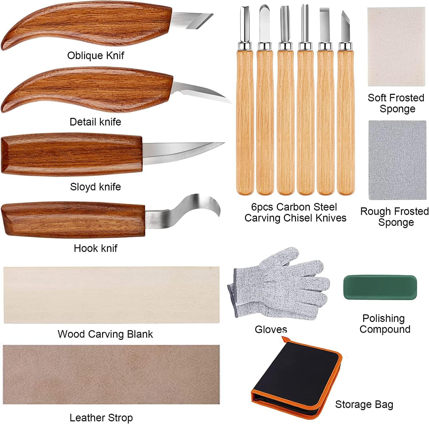 26-Piece Wood Carving Kit with Knives, Chisels, Gloves, and Sharpener