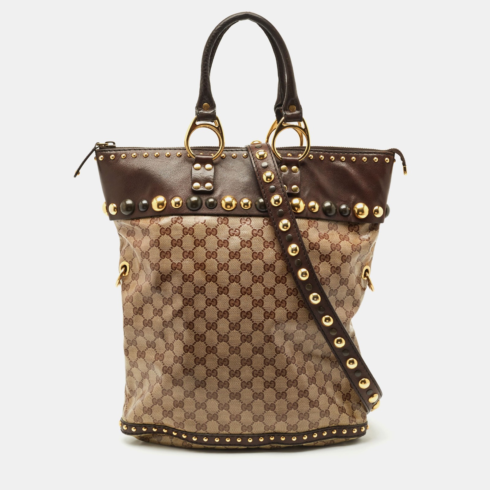 Gucci Beige/Brown GG Crystal Canvas and Leather Medium Babouska Studded Tote
