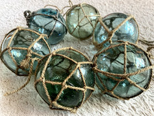 Set of 6 Vintage Japanese Glass Fishing Floats 9cm Hand-Blown Aqua Green w/ Nets