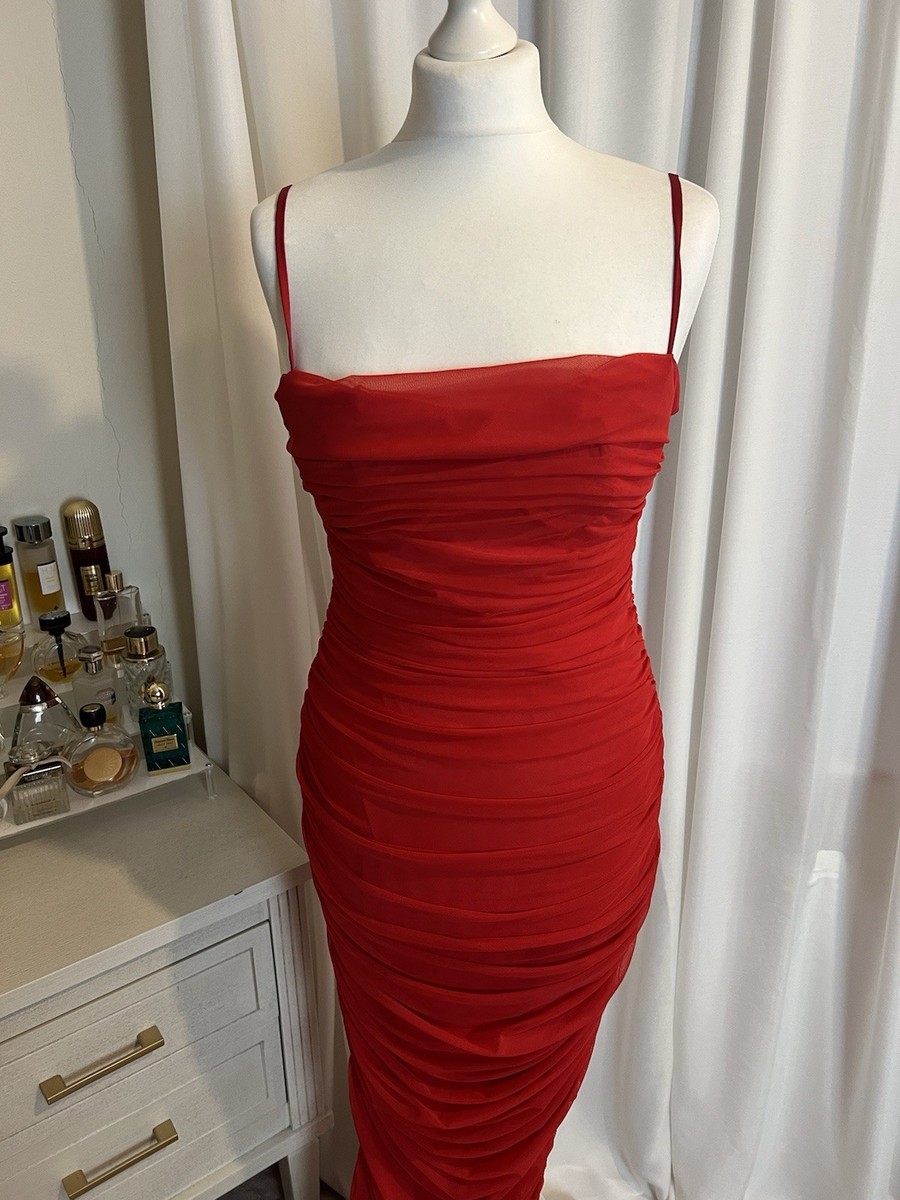 house of cb fornarina dress red House of CB Fornarina Red Corseted Ruched Mesh Maxi Dress Size L 12 14