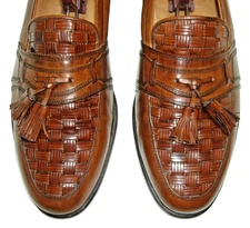 Sz 11 M JOHNSTON & MURPHY Men's Brown Woven Leather Shoes, Tassel Loafer