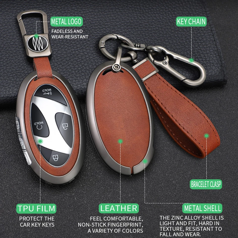 For Hyundai Tucson Sonata Santa Fe Kona Nexo Metal Leaher Car Key Fob Cover Case - Image 4 of 4